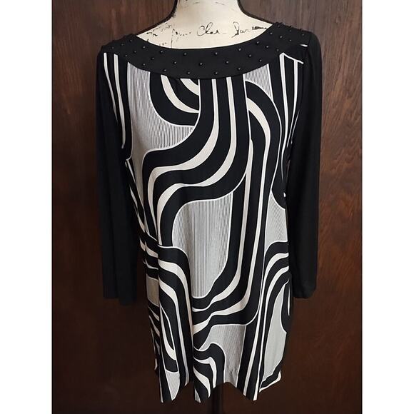 Rafaella Black White 3/4 Sleeve Beaded Blouse Womens Large Geometric stretch - Picture 1 of 5